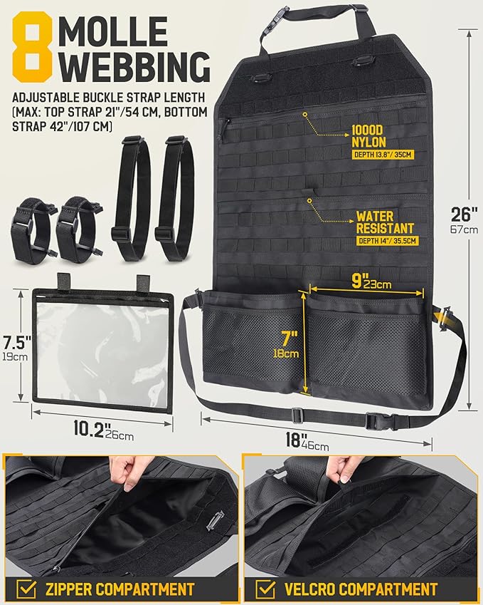 WYNEX Tactical Car Seat Back Organizer Set, Vehicle Accessories Molle Panel wtih Detachable 4 Molle Pouches - First Aid EDC Admin Storage Bag for Road Trips, Fits Most Cars, SUVs, Pickups, Trucks