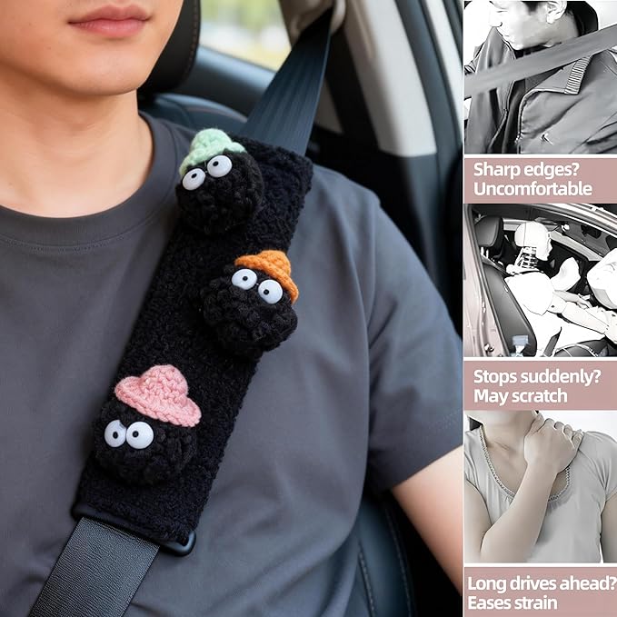 Car Headrest Pillow & Steering Wheel Cover Set with Cute Big-Eyed Black Travel Neck Support Pillow Fur Car Interior Accessory (Safty Belt Cover 2PCS)