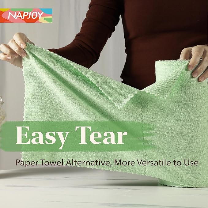 Napjoy Microfiber Cleaning Cloth Roll, 75PK Easy Tear Away Reusable Paper Towels, 12" x 12", Lint-Free and Scratch-Free with Patented Fiber Technology Microfiber Towel Roll, Green