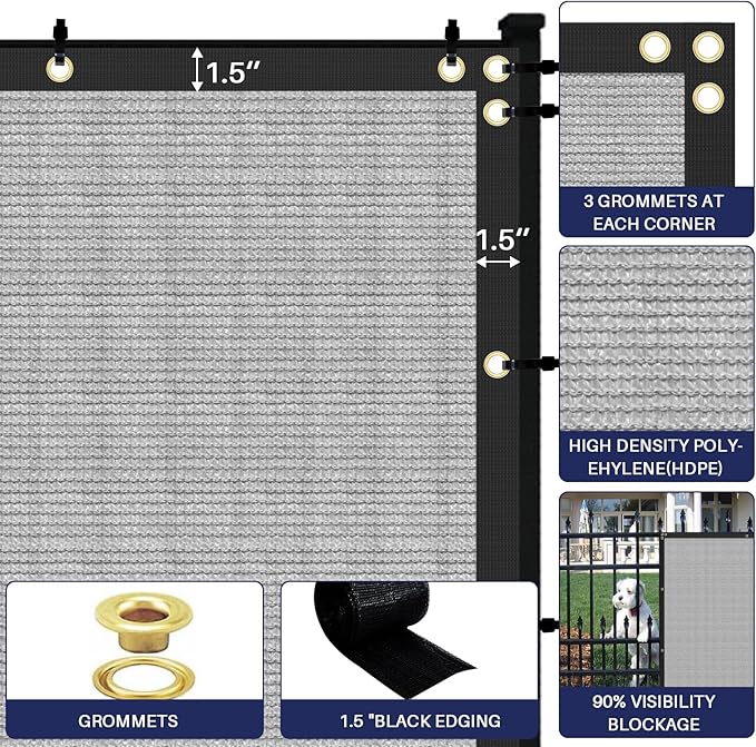 Windscreen4less Privacy Fence Screen Heavy Duty Windscreen Fencing Mesh Fabric Shade Net Cover with Brass Grommtes for Outdoor Wall Garden Yard Pool Deck, 8'x89' Light Gray