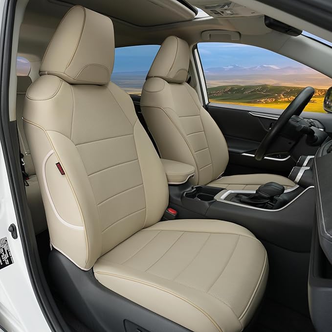 Lolcar RAV4 Seat Covers Custom Fit for Toyota RAV4 2019 2020 2021 2022 2023 2024 2025 LE,XLE,XLE Premium,Limited,Airbag Compatible,Seat Cover Full Set for SUV, Waterproof Leather（Beige）
