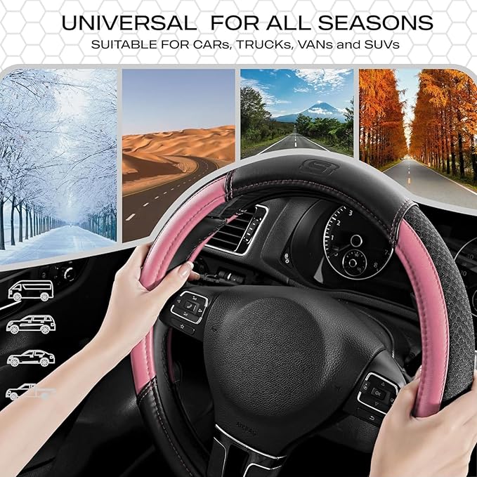 Skechers Air-Cooled Steering Wheel Cover,Leather Car Steering Wheel Cover Universal Fit 14" 1/2-15" Car Wheel Protector for Men Women Fit Suvs,Vans,Sedans,Car,Trucks,Pink