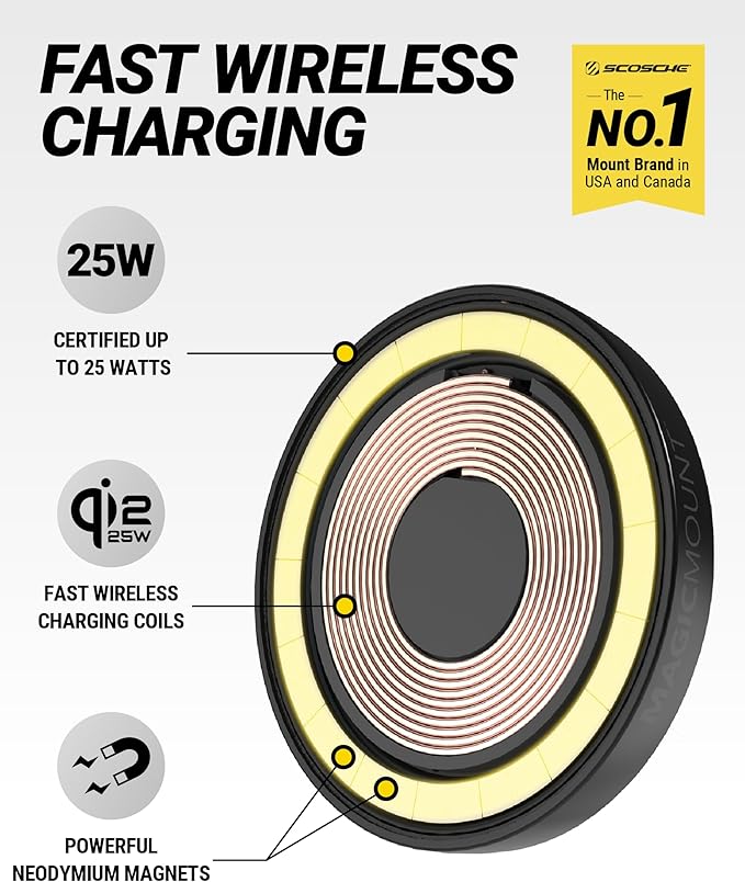 Scosche MPQTRWD Qi2 MagSafe Car Mount Charger 25W Fast Wireless Charging Phone Holder for Windshield or Dashboard, Magnetic Cell Phone Mount Compatible with iPhone 17/16/15/14/13 Series & Samsung S25
