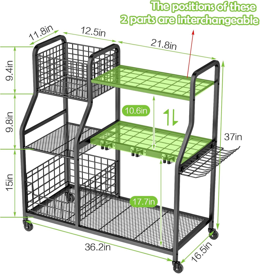 Garden Tool Organizer for Garage, 3 Tier Utility Yard Tool Organizer and Storage Holder with Wheels, Large Garden Tool Rack with Extra Storage Basket for Shed/Garage/Yard/Basement/Lawn