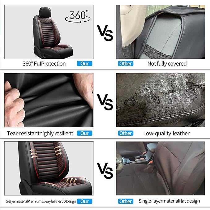 Fit Fj Cruiser Car Seat Covers for Toyota Fj Cruiser 2007-2013 2014-Upgraded Premium Waterproof & Breathable Leather, Airbag Compatible,All-Weather Seat Cushion Protector (Full Set, Black+Red)