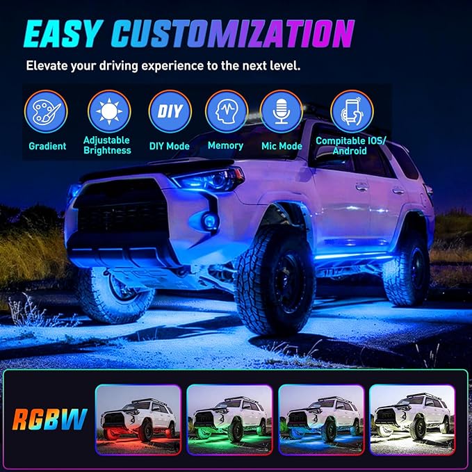 Nilight 4Pcs RGBW Aluminum Underglow Neon Accent Strip Lights 252LEDs Door Assist Multi Color DIY Sound Active Function Music Mode with APP and Remote Control Underbody Light Strips for Car Truck RV
