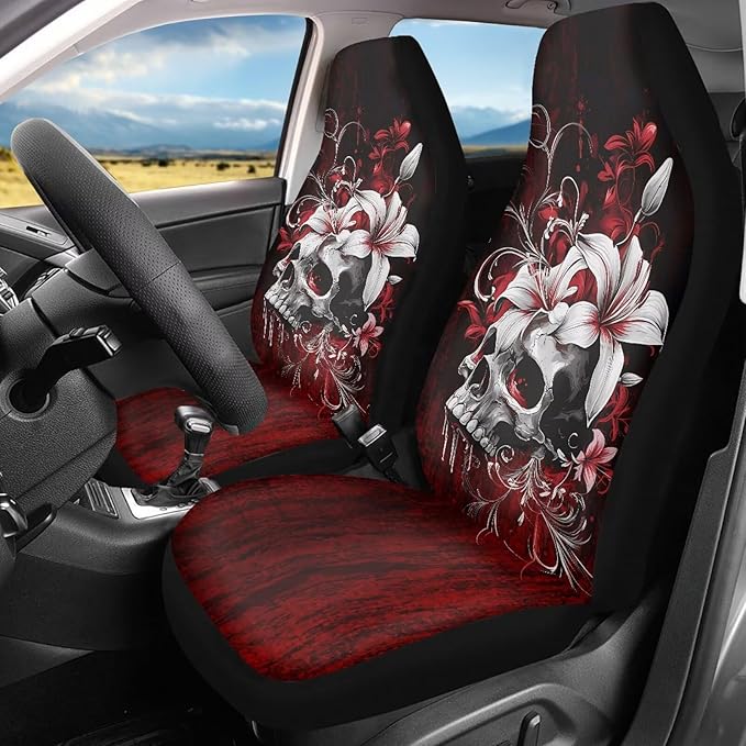 Halloween Skull Car Seat Covers 2 Pcs Car Seat Covers Front Seats Only Breathable Breathable Easy to Install Anti-Slip Back Fabric Universal Fit for Auto Truck Van SUV