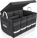 Oasser Trunk Organizer Cargo Organizer Trunk Storage Waterproof Collapsible Durable Multi Compartments with Foldable Hard Cover Aluminium Alloy Handle Reflective Strip (Large, Black)