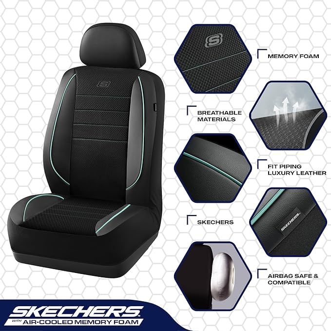 Skechers Air-Cooled Memory Foam Seat Covers,Mesh Thick Car Seat Covers,Piping Leather Car Seat Covers Front Seats,Airbag Compatible,Automotive Comfort for Most Cars,Vans,Trucks,SUV(Mint,Two Front)