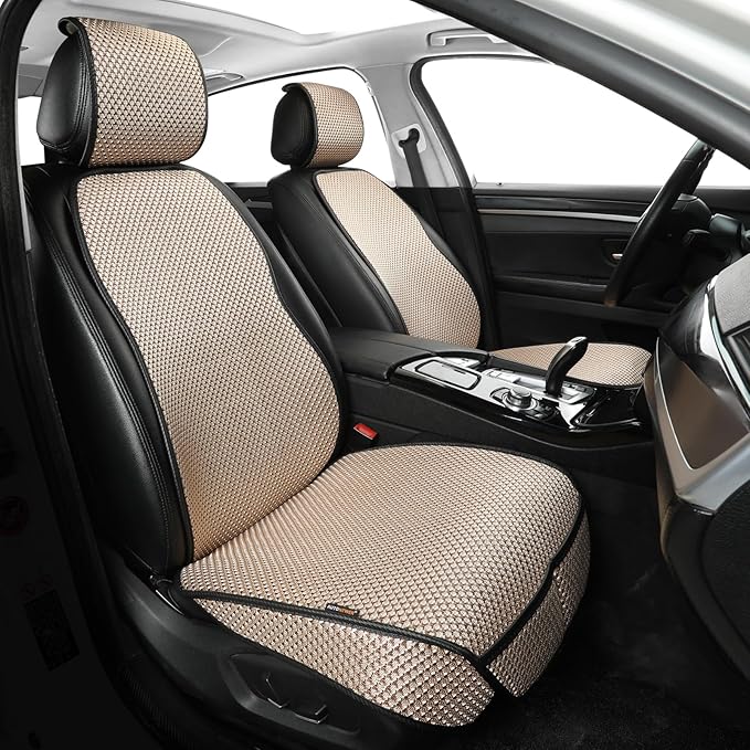 Auto Newer Car Seat Cover,Breathable Front Car Seat Cushion,Comfortable Car Seat Protector,Anti-Slip and Full Wrap Driver Car Seat Protector with Storage Pocket,Universal All Seasons(Beige,2PCS)
