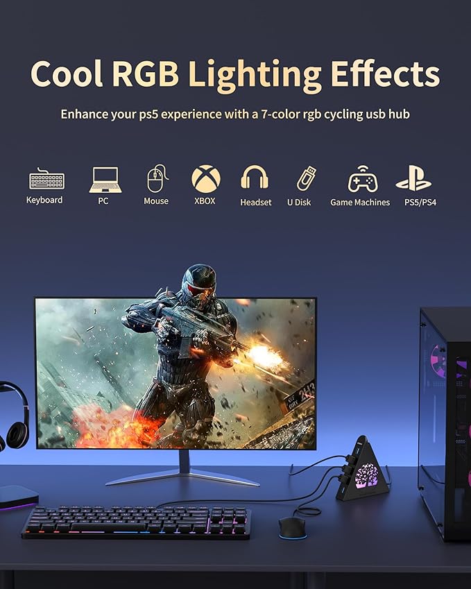 7-Port USB 3.0 Hub, Vertical USB Hub Splitter with RGB Lighting, 5Gbps High-Speed Data Transfer and 2FT Extension Cable, Compatible with Laptop, PC, Desktop, MacBook, PS5, Xbox, Flash Drive