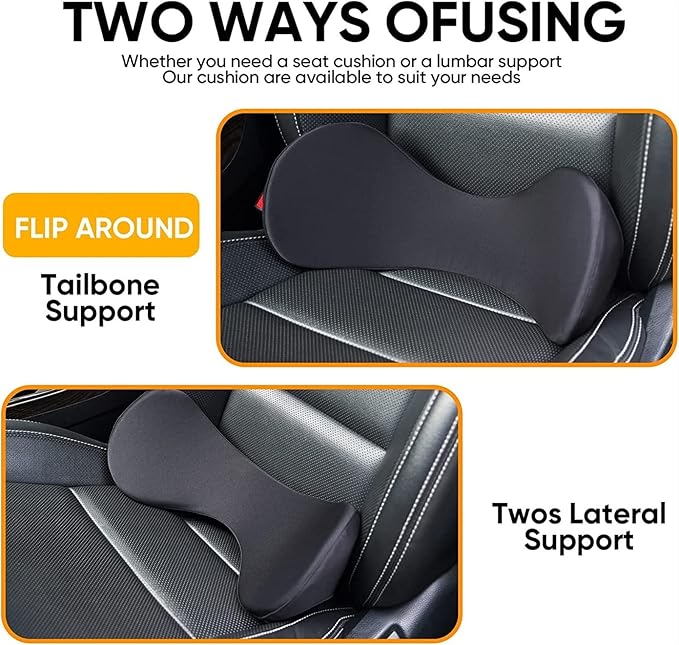 Memory Foam Car Seat, Car Lumbar Support Pillow Tailbone Support Cushions, Back Pad Massager Waist Cushion for Car Seat, Office Chair(1 Black)