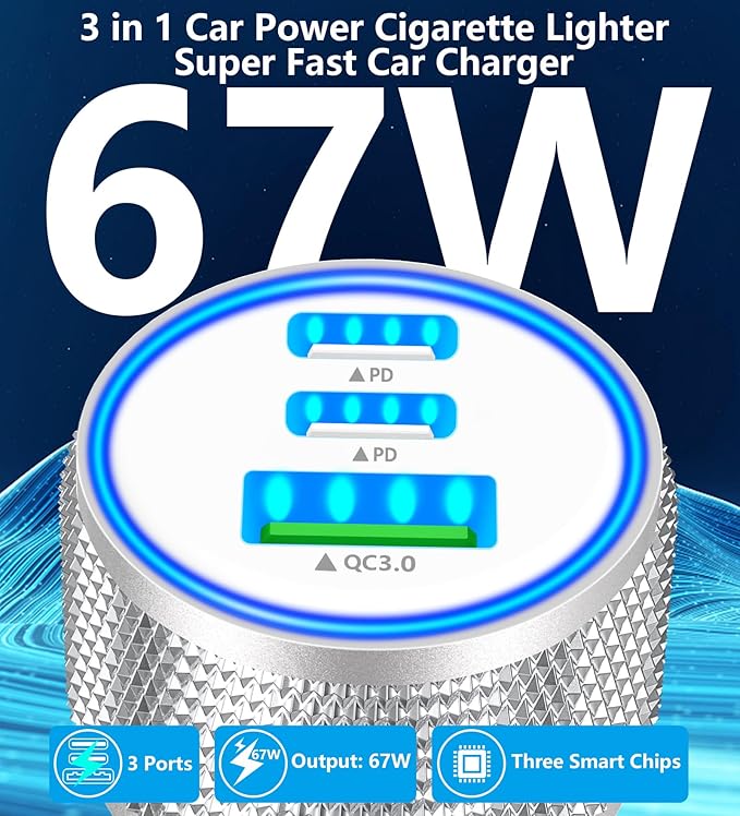[Apple MFi Certified] iPhone 17 Car Charger, Rombica 3-Port 67W Dual USB-C&USB-A Car Power Cigarette Lighter PD/QC Type-C Fast Car Charger with Type-C Cable for iPhone 17/17 Pro Max/16 Pro/15 Pro/iPad