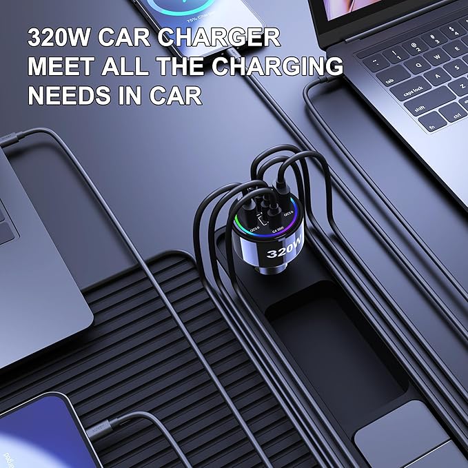 320W USB C Car Charger, 6 Ports Type C Car Charger, PD3.0/QC4.0/PPS Super Fast Charging for iPhone 17/16/15 Series, Galaxy S25/S24/23, iPad, MacBook Pro/Air, Laptop (Black)