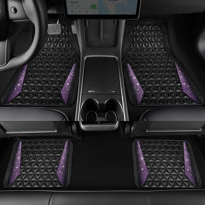 CAR PASS Bling Rubber Car Mats Diamond Floor Mats Full Set Anti-Slip 3D Rhombus Waterproof Universal Trim to Fit Liner Glitter Crystal Sparkly Shining Rhinestone Girl Women SUV Sedan Van, Black Purple