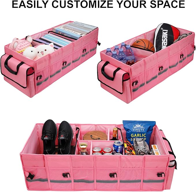 Car Trunk Organizer and Storage with Lid & Removable Leakproof Cooler Bag, Car Accessories 6 Removable Dividers for Custom Space, Collapsible Large Trunk Organizers Interior for SUV & Sendan, Black