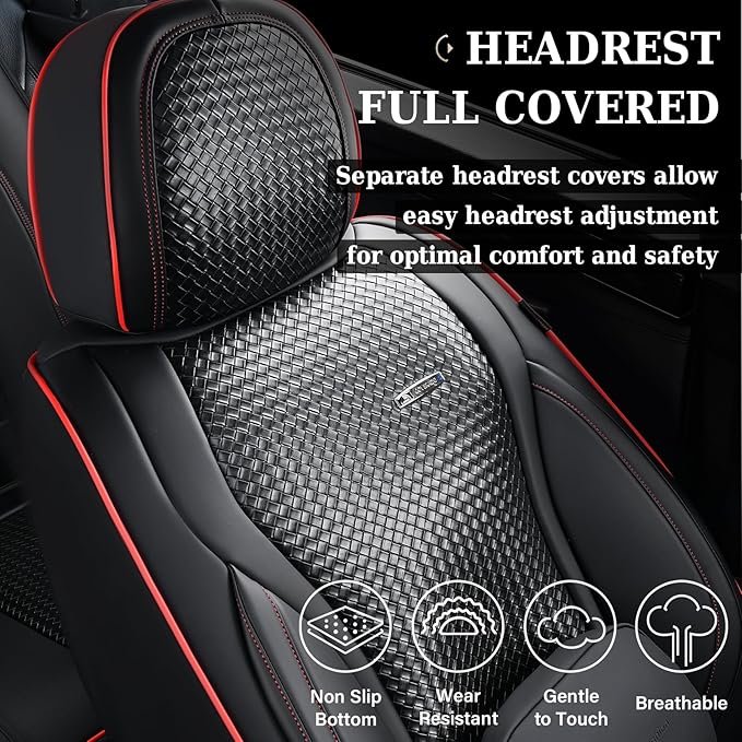 Coverado Car Seat Covers Full Set, Black Redline Seat Covers for Cars, Waterproof Nappa Leather Automotive Seat Covers with Lumbar Head Pillow, Car Seat Protectors, Universal Fit for Most Cars SUV