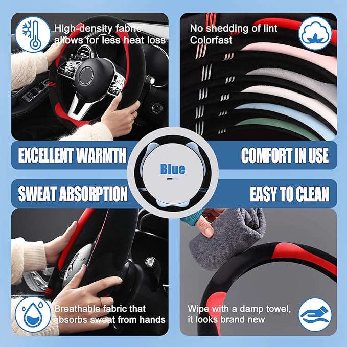 14 inch Furry Cute Steering Wheel Cover, Soft Fluffy Short Plush Auto Accessories, Non-Slip Cold-Proof Sweat-Proof Colorfast(Black with Blue)
