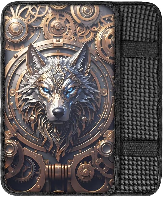 Wolf Print Armrest Cover Pad for Car Non Slip Decorative Center Console Cushion Scratch Proof Car Armrest Box Protector Cover