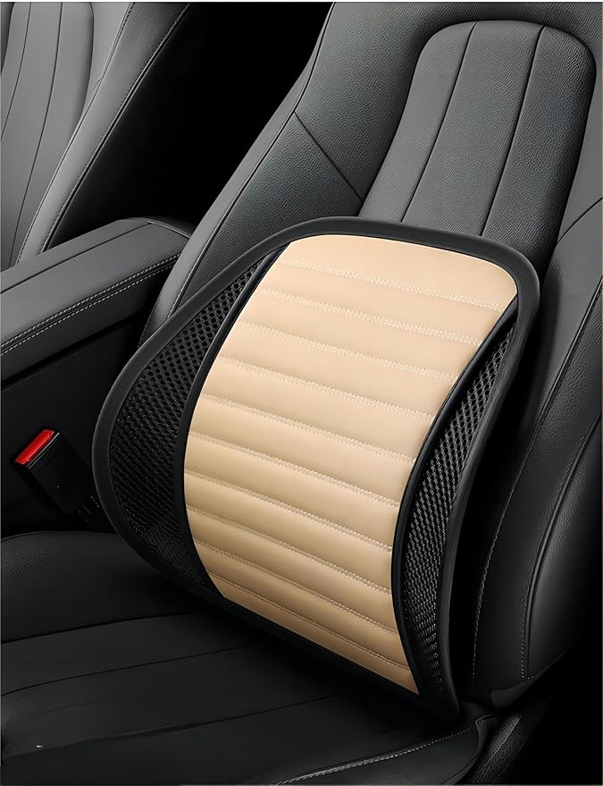 Premium Car Interior Back Support - Versatile Lumbar Cushion for Driver Seat with Breathable Fabric and Adjustable Strap. (2, Beige)