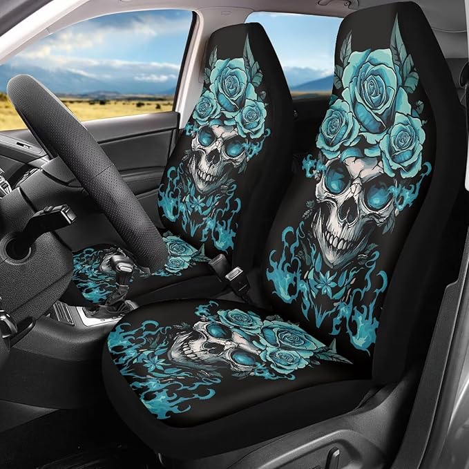 Halloween Skull Rose Car Front Seat Covers Breathable Car Seat Cover Stretch Polyester Fabric Cover Non Slip Fashion Auto Interior Universal for Cars Truck SUV Van