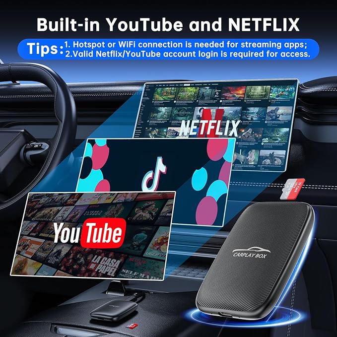 6-in-1 Magic Video Box for Netflix/YouTube, Wireless CarPlay Adapter & Android Auto Wireless Adapter Convert Wired to Wireles Carplay Dongle for OEM Wired CarPlay Cars, TF Card Playback, Plug & Play