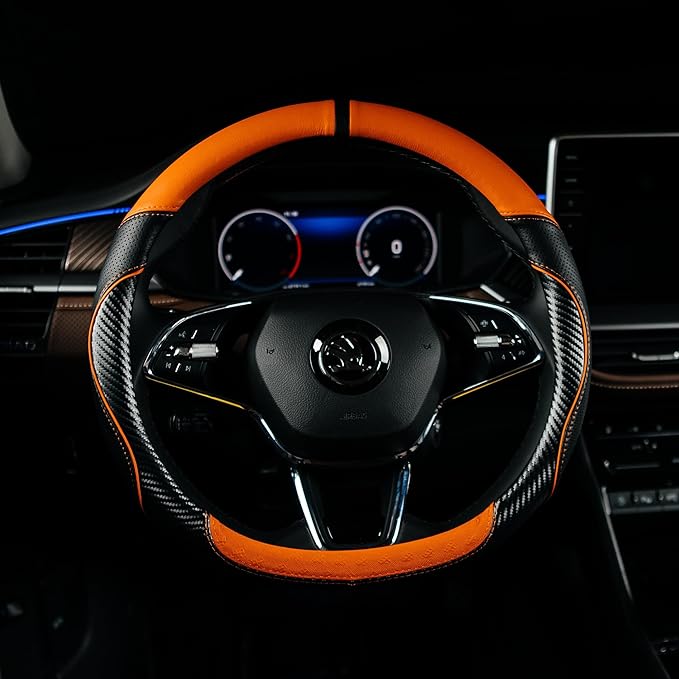 Lord Autofashion Steering Wheel Cover – PU Leather, Non-Slip Rubber Inner, All-Season Comfort – 14.5–15 Inch (Black/Orange 7685)