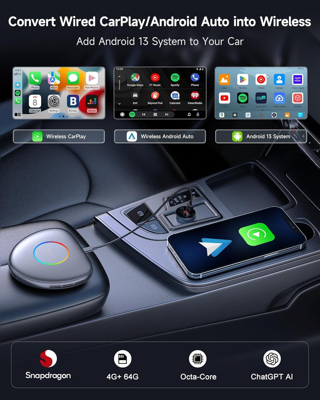 Wireless CarPlay Adapter Android 13 AI Box, Upgraded CB6C Video Streaming Plug & Play Carplay Box for iPhone & Android Auto with ChatGPT, Supports YouTube, Netfilx, TikTok, 4G LTE, 4G+64G