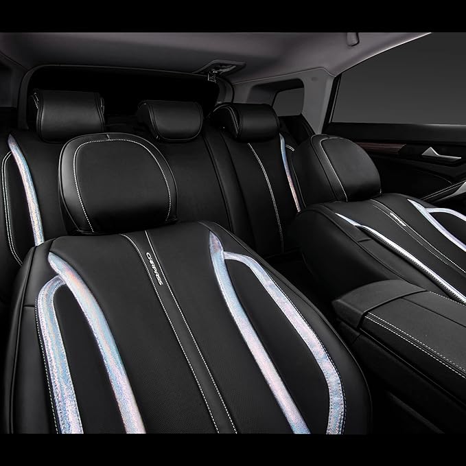 CAR PASS Nappa Leather Seat Covers, Waterproof Durable Universal fit for Women Girly SUV Truck,Anti-Slip Driver Seat Cover with Backrest, full set 5 Holographic Black Silver strips Iridescent colorful