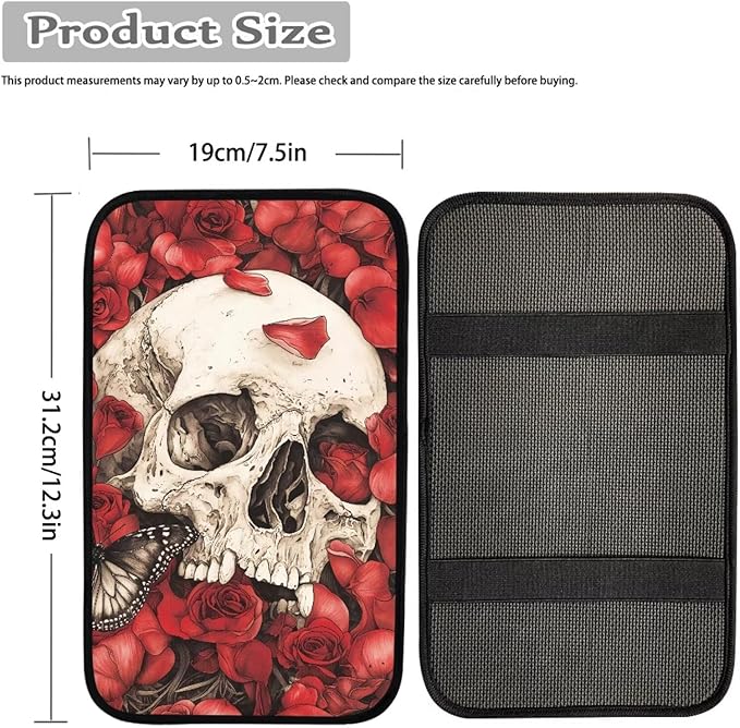 Dreaweet Red Rose Skull Arm Rest Cover for Car Women Spooky Car Accessories Interior Universal Center Console Cover Comfortable Softness Car Armrest Cushion Pad for SUV Trucks Sedan
