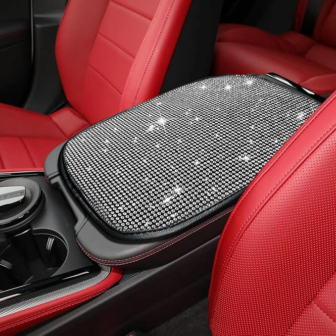 Bling Car Center Console Cover, Car Armrest Cover, Diamond Rhinestone Auto Center Console Cover Protector, Universal Arm Rest Cushion Pads Car Interior Accessories for Vehicles, SUVs (White)