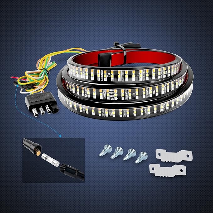 Nilight TR-03 60" Triple 504 LEDs Truck Tailgate Side Bed Light Bar Strip Sequential Amber Brake Running Turn Signal Red/White Reverse