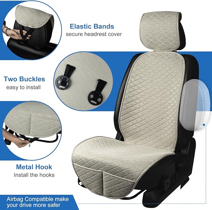 Linen Car Seat Covers for Cars, Front Car Seat Cover Protectors with Storage Bags, Anti-Slip & Soft Automotive Seat Cushion Universal Fit for Most Sedan, SUVs, Vehicles (Beige)