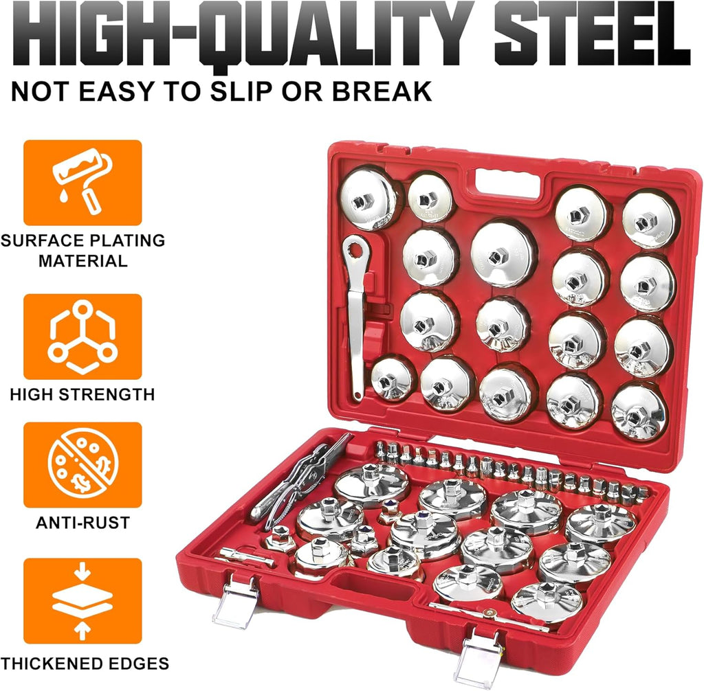Auto Oil Filter Socket Wrench Set, Cup Type 1/2 inch Drive Cap Removal Tool, with Drain Plug Socket Set/Adjustable/Drive, Compatible, all Models Car, SUV, Oil Filter (58, RED)