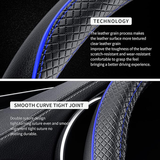 GXT Steering Wheel Cover, PU Leather, Universal 15 Inches, Non-Slip, Odourless Car Interior (Black Blue)