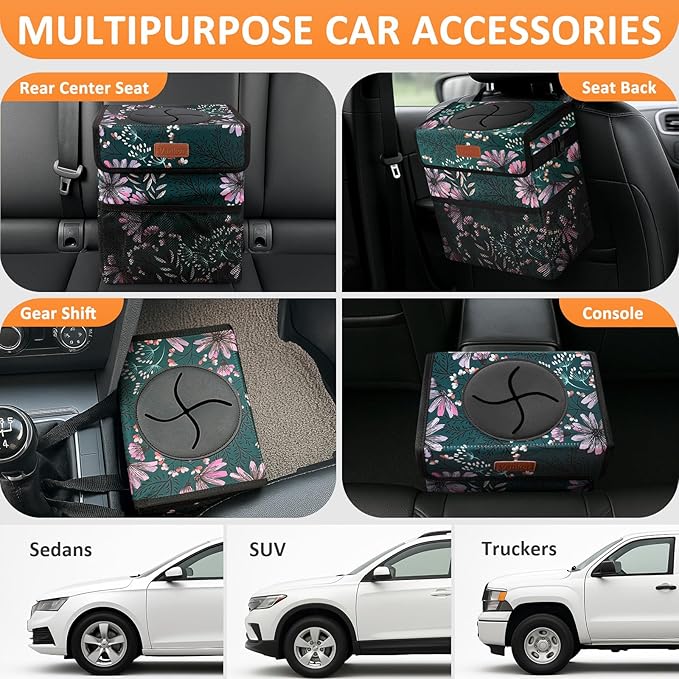 Vankor Car Trash Can for Car Cute, Bag Bin Hanging Waterproof Automotive Garbage Cans Leak Proof Vehicle Trash Can Navy Floral