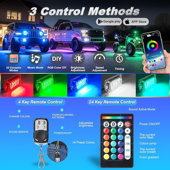 8Pods Full Angle RGB LED Rock Lights Full Kit for Jeep Trucks ATV UTV SXS RZR SUV Golf Cart Offroad Pickup, 240Chip Waterproof Multicolor Underglow Light with APP/RF Remote, Neon Underbody Accent 12V