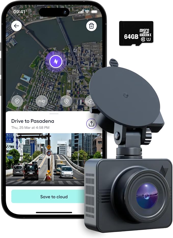 Nexar Beam GPS Dash Cam - 1 Year Nexar App Subscription Included - Unlimited Cloud Storage, Drive Recordings, Parking Mode, Night Vision, All Inside the Nexar App - WiFi HD Front Dash Cam (64 GB SD)