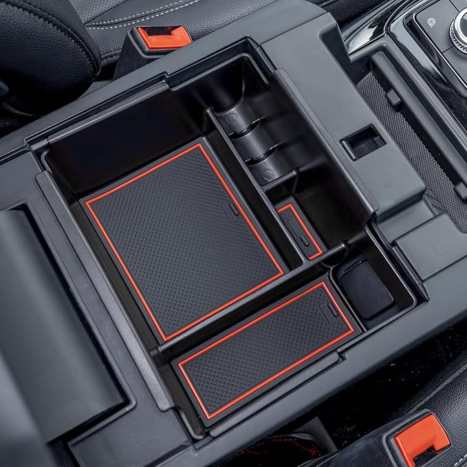 TOPINSTALL 2020-2026 Ford Explorer Console Organizer Tray - Compatible with 2020+ Ford Explorer Deep Armrest Storage Box with Coin Holder & Non-Slip Mats, Red Interior 6th Gen Explorer Accessories