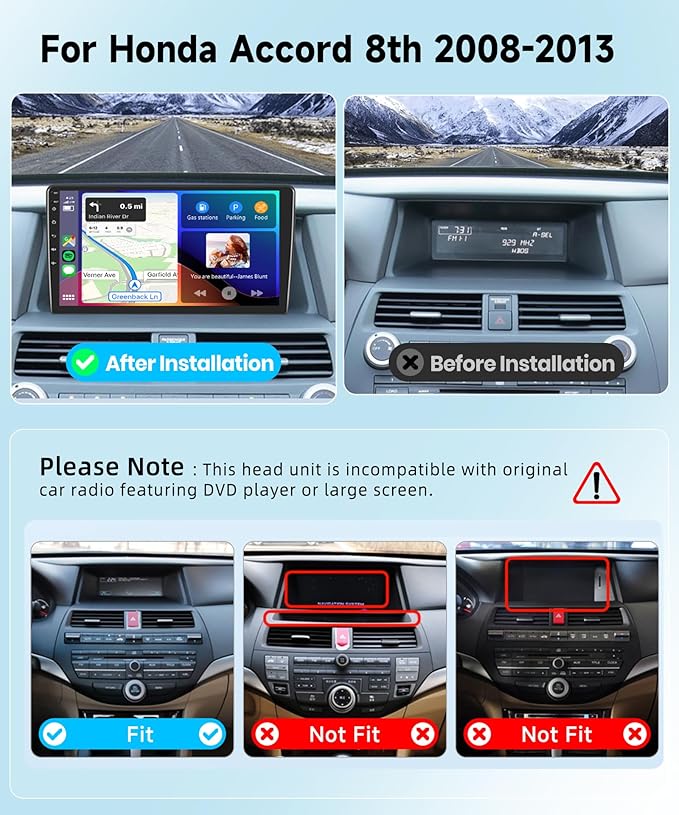 8 CORE 4G+64G Car Radio Stereo for Honda Accord 2008-2013 with Wireless CarPlay/Android Auto, 10.1 inch 1280 * 720P IPS Touch Screen Android 13 GPS WiFi Bluetooth 32-Band DSP SWC HD Camera