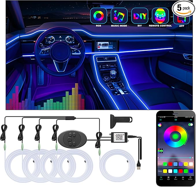 5 in 1 Car Led Strip Lights with App Control, RGB Colors Interior Car Lights, Ambient Led Lighting Kit, 4 Light Flashing Modes, USB Neon Accessories for Doors, Center Console