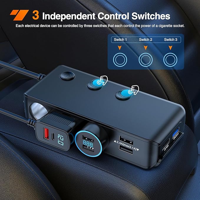 Nilight 9 in 1 Cigarette Lighter Adapter Splitter QC 3.0 3 Sockets 4 USB Ports Power Splitter with PD/QC 3.0 Independent Switches LED Voltage Display for 12V/24V Cars Van Truck Camper