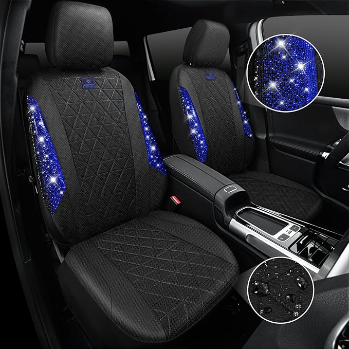CAR PASS Oxford Bling Diamond Car Seat Covers Full Set Interior Sets, Waterproof Shining Glitter Sparkly Crystal Universal Armrest Fit 95% Automotive Truck SUV Cute Women Girl, Black Blue Rhinestone