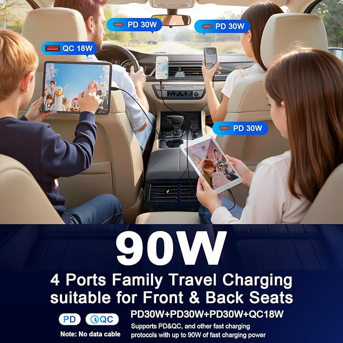 Samsung Car Charger USB C 90W Fast Charging Adapter for Samsung Galaxy A17 A16 A15 5G A56 A36 S25 Edge S24 Ultra S23 S22 S21 4Port Cigarette Lighter Fast Car Phone Charger for iPhone 17 16 Pro Max 15