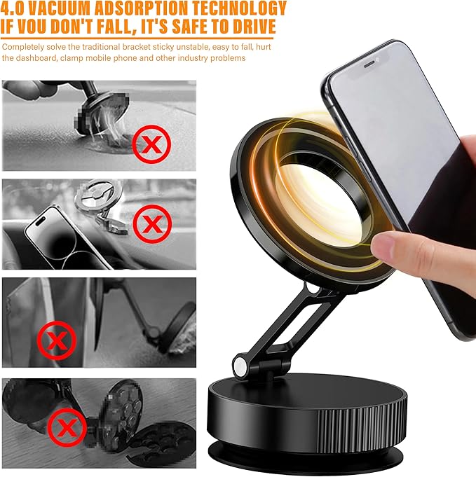 Magnetic Car Phone Holder, N55 Strong Magnets, 360° Rotation Dashboard Magnetic Phone Holder for Car, Folding Car Magnet Phone Mount for iPhone 16 15 14 13 Pro Max (Round-1)
