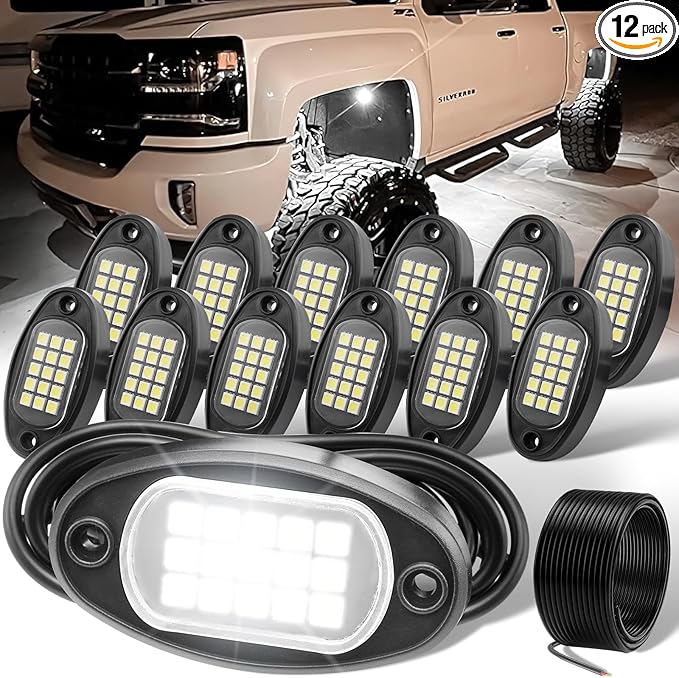 YONEDA 12 Pods White Rock Lights 6000K Pure White LED Underglow Lights IP68 Waterproof for Trucks SUV UTV ATV RZR Car Boats Motorcycle with 32.8ft Extension Wire