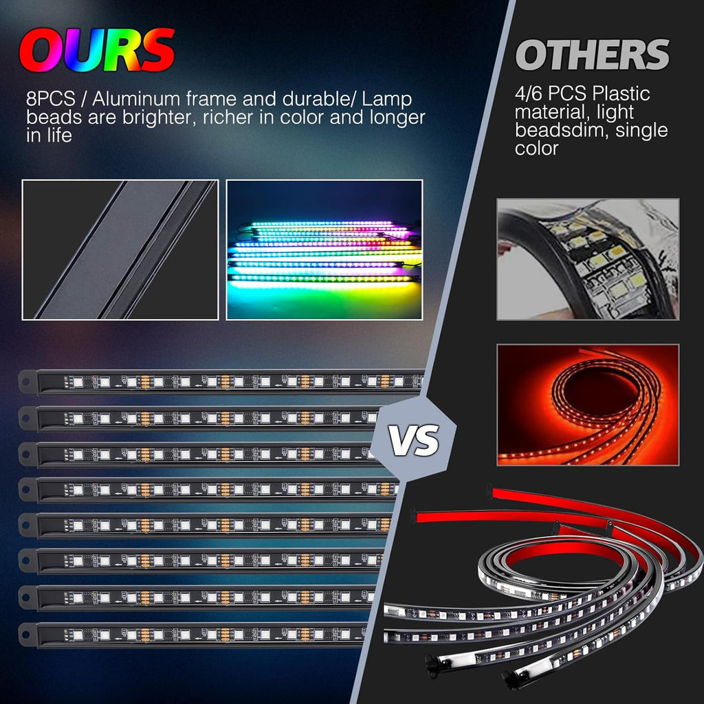 8PCS Car Underglow Light Bar Kit - Wireless App & Remote Control Dreamcolor Chasing Lights, Aluminum Exterior Underbody Multicolor Soundsync Neon Light Strip for Car Truck RV