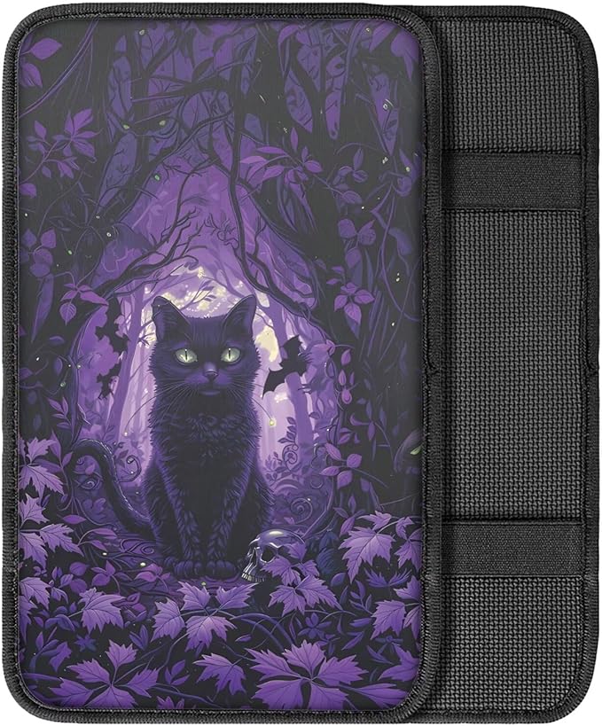 Suobstales Cat Bat Maple Leaves Print Car Armrest Pad Soft Center Console Arm Rest Protector Cover Halloween Decoration Universal Car Interior Accessories Decoration