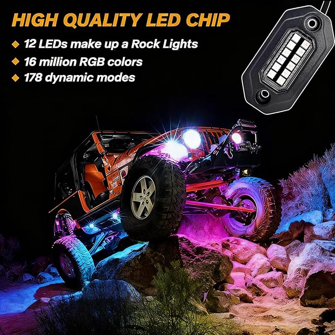 RGB LED Rock Lights Kit, 10 pods Multicolor Neon Light with Bluetooth App/Remote Control Flashing Music Mode, Aluminum Metal, IP68 Waterproof, 12v for Truck ATV UTV SUV