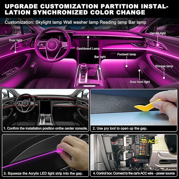 RGB Acrylic Interior Car LED Strip Light with Wireless APP, Car Accessories 6 in 1 with 175 inches 593 LEDs Fiber Optic Ambient Lighting Kits, Dynamic Music Sync Neon LED Strip Light for Car